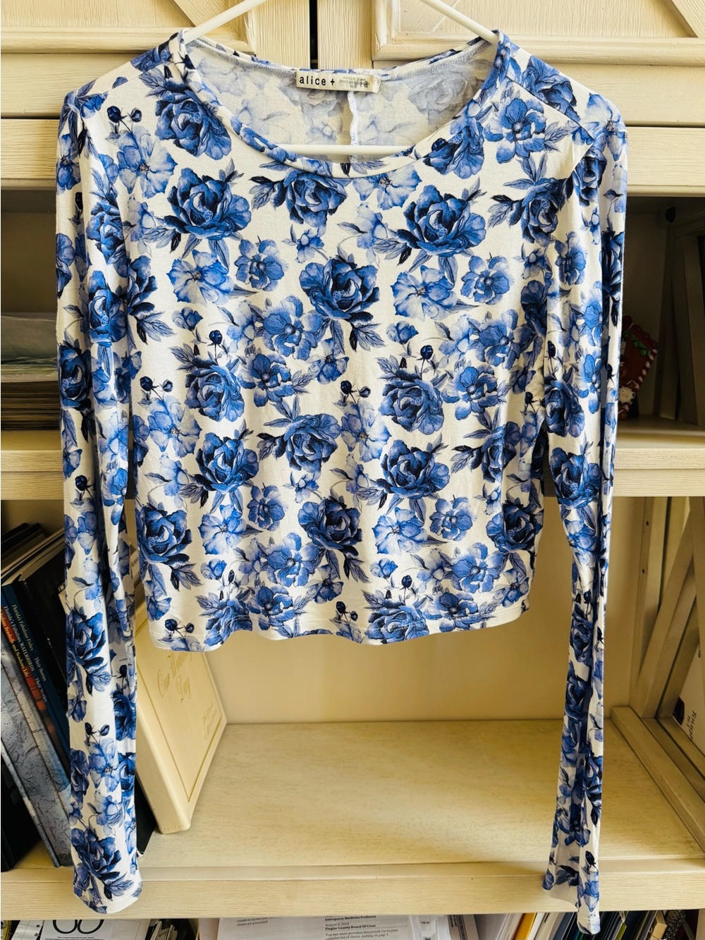 Alice + Olivia Blue Floral Long-Sleeve Tee on White
